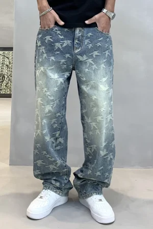 Korean Fashion Jacquard Baggy Jeans For Men Streetwear Loose Men Clothing Denim Skateboard Pants Harajuku Straight-Leg Trousers