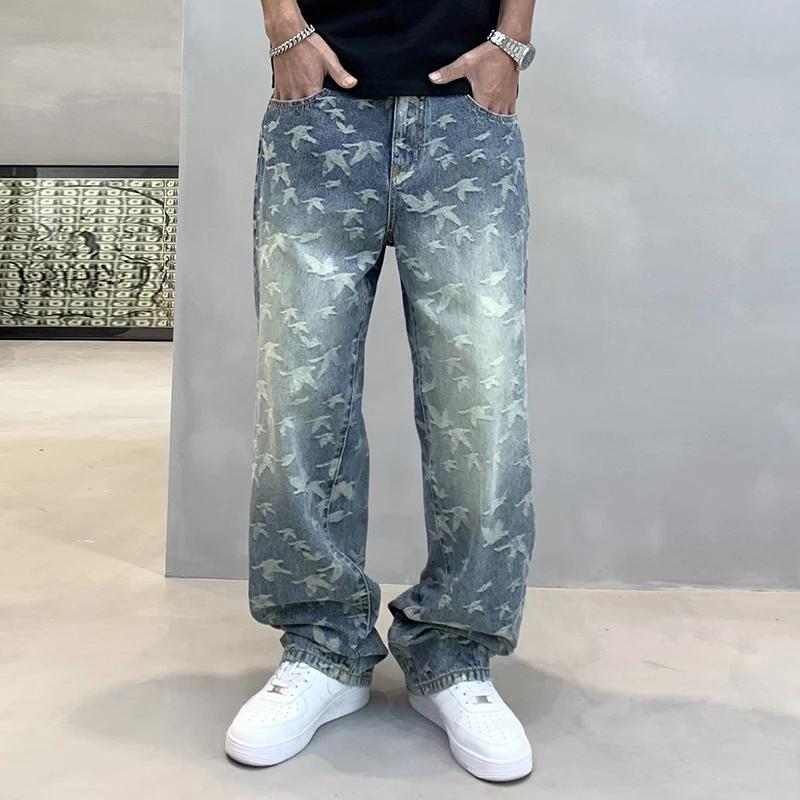 Korean Fashion Jacquard Baggy Jeans For Men Streetwear Loose Men Clothing Denim Skateboard Pants Harajuku Straight-Leg Trousers
