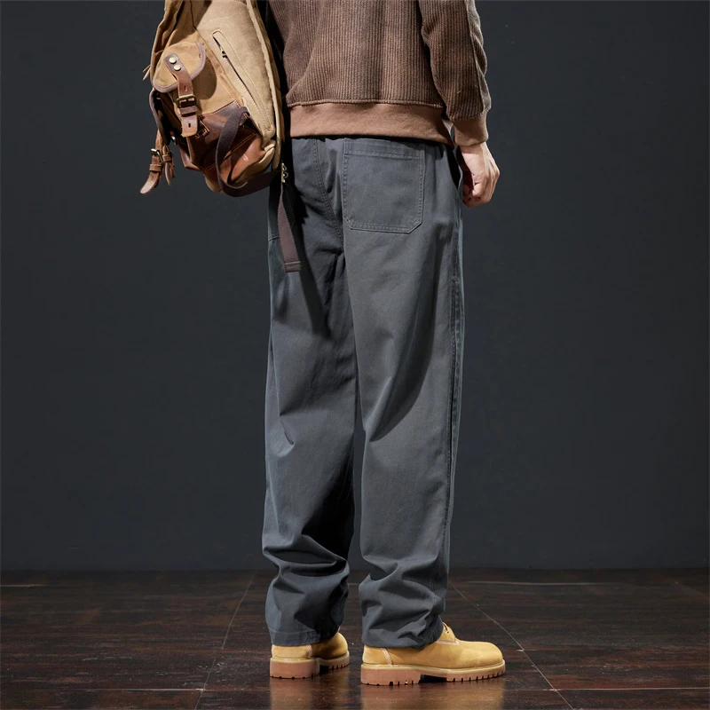 Brand Clothing Spring Autumn Grey Brown Casual Pants Men Cotton Fabric Thick Classic Elastic Waist Korean Straight Cargo Pants - Image 6