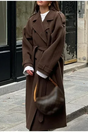 Elegant Grey Belt Long Faux Wollen Coat Women Lapel Double Breasted Street Coats Female 2025 Autumn Winter New Lady Peacoat