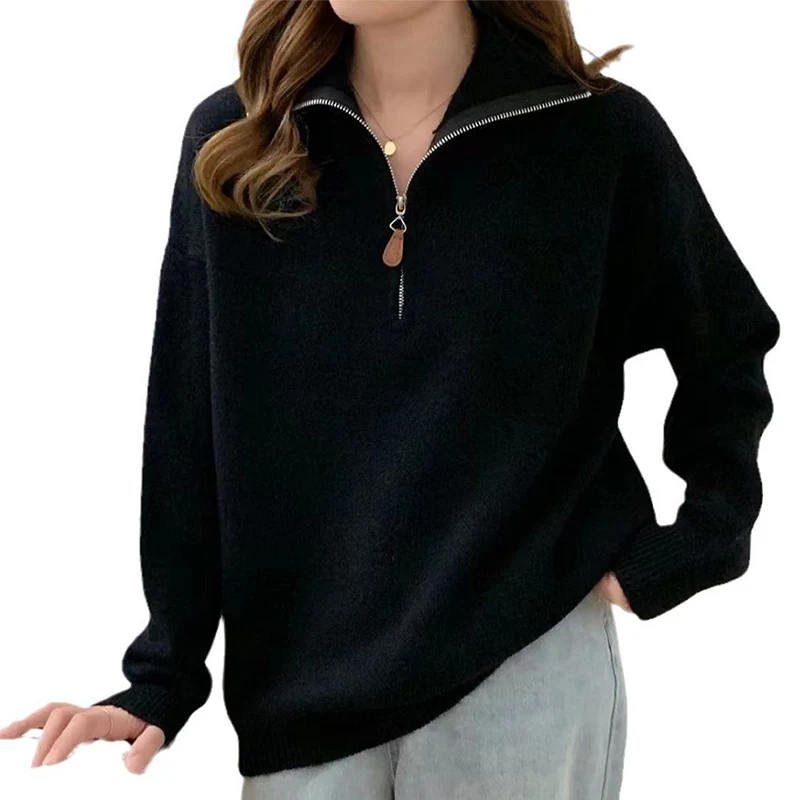 Korean Half Zip-Up Sweater Women Retro Loose Sporty Knitted Pullover ladies Autumn Winter thicken warm Long Sleeve knit Jumpers - Image 4