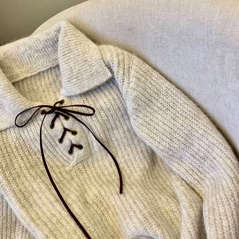 Lapel Lace Up Knitted Sweater for Women Autumn Loose Thick Warm Casual Pullovers Korean Long Sleeve All Match Jumpers Mujer - Image 4