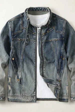 Men Stand Collar Loose Casual Gradient Splice Washed Denim Rivet Punk Rock Motorcycle Jacket Cityboy Plus Size Jeans Coat