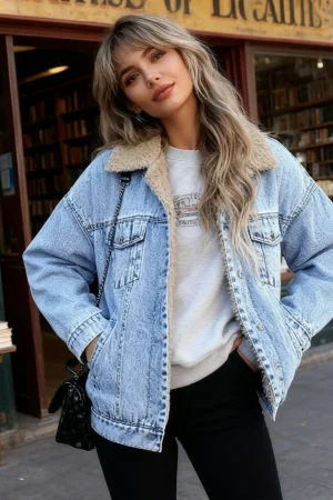 Moto Biker Jeans for Women Quilted Denim Coat Solid Fleece Jacket Turn Down Collar Single Breasted Straight 2025 Autumn Winter