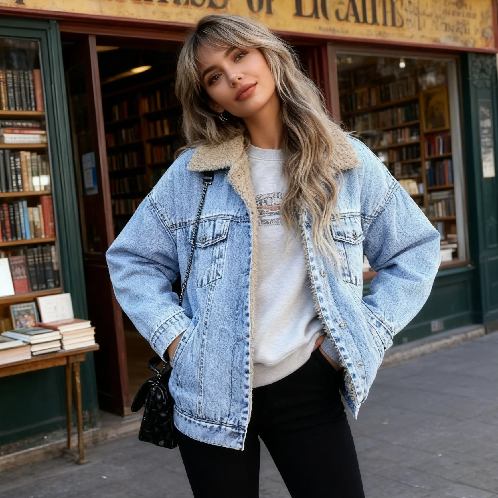 Moto Biker Jeans for Women Quilted Denim Coat Solid Fleece Jacket Turn Down Collar Single Breasted Straight 2025 Autumn Winter