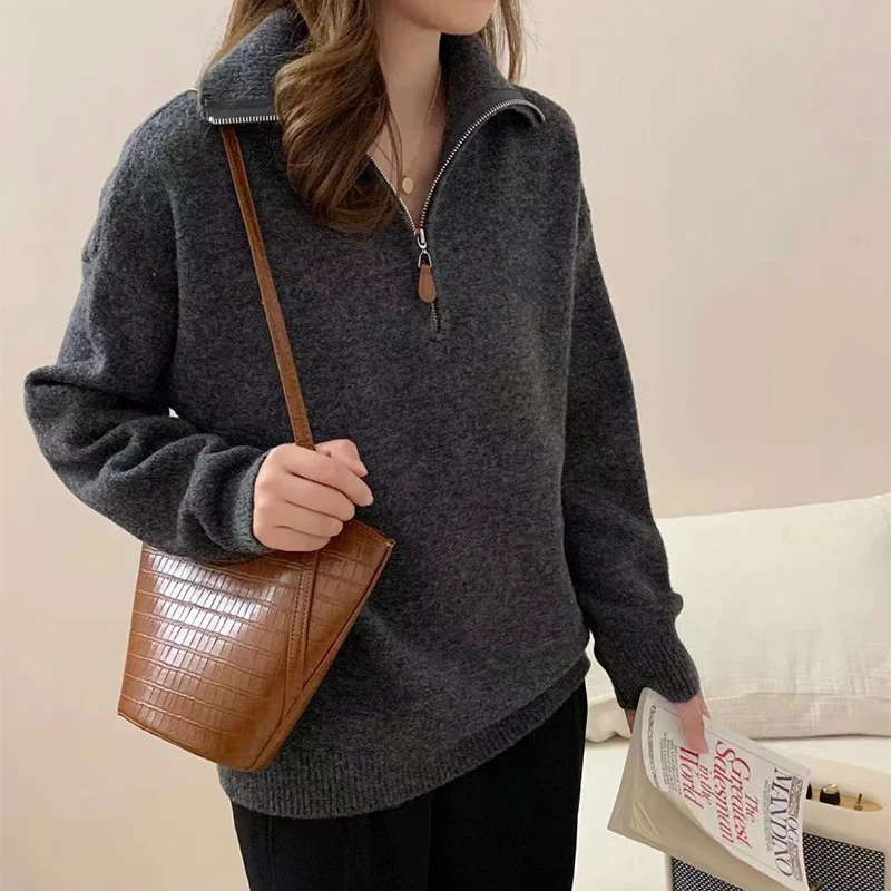 Korean Half Zip-Up Sweater Women Retro Loose Sporty Knitted Pullover ladies Autumn Winter thicken warm Long Sleeve knit Jumpers - Image 2