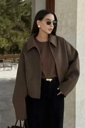 HH Fashion Brown Zipper Woolen Jacket For Women Elegant Lapel Long Sleeve Short Coats Vintage Autumn Lady Street Outerwear