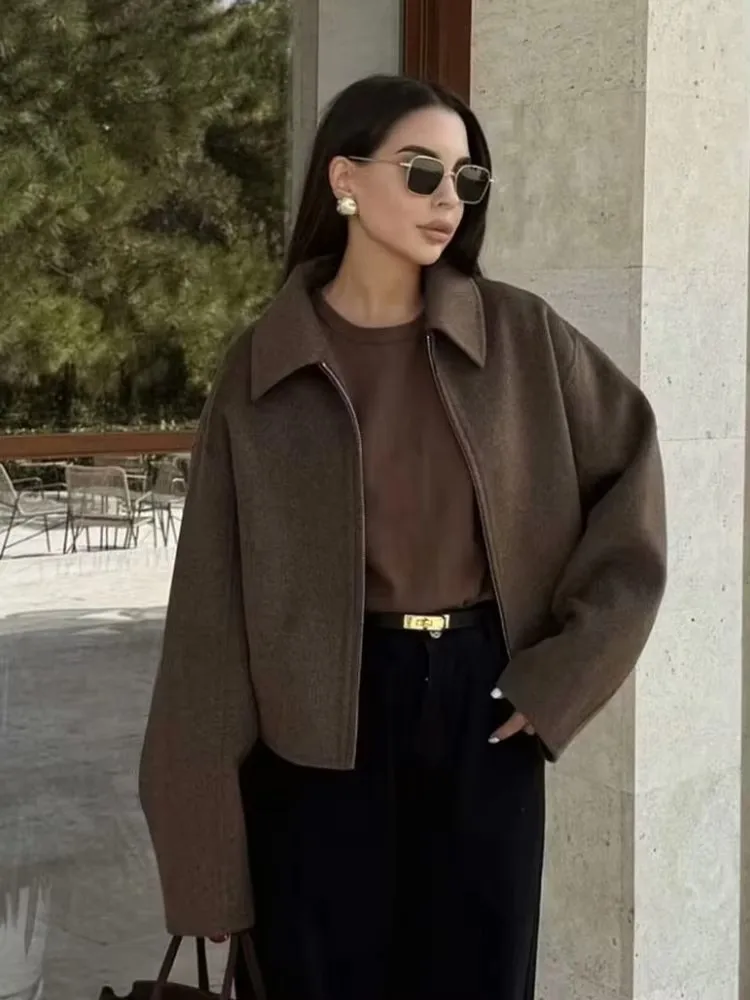 HH Fashion Brown Zipper Woolen Jacket For Women Elegant Lapel Long Sleeve Short Coats Vintage Autumn Lady Street Outerwear