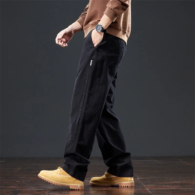 Brand Clothing Spring Autumn Grey Brown Casual Pants Men Cotton Fabric Thick Classic Elastic Waist Korean Straight Cargo Pants - Image 3