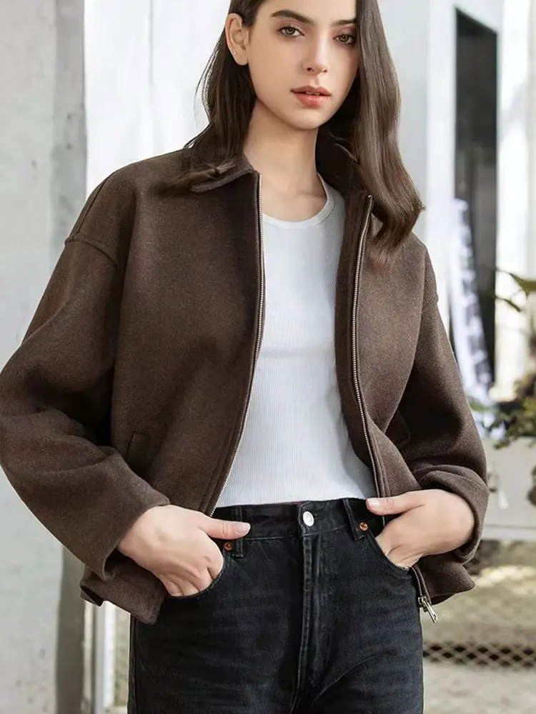 HH Fashion Brown Zipper Woolen Jacket For Women Elegant Lapel Long Sleeve Short Coats Vintage Autumn Lady Street Outerwear - Image 4