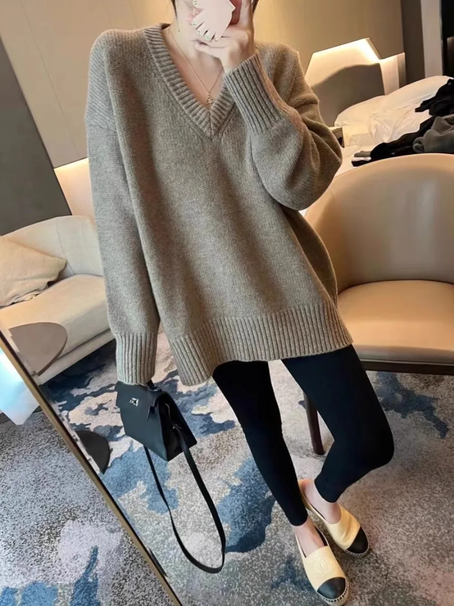 100% pure cashmere sweater women's loose thickened silhouette V-neck sweater large size pullover knitted base shirt - Image 4