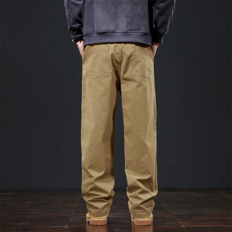 Brand Clothing Spring Autumn Grey Brown Casual Pants Men Cotton Fabric Thick Classic Elastic Waist Korean Straight Cargo Pants - Image 2
