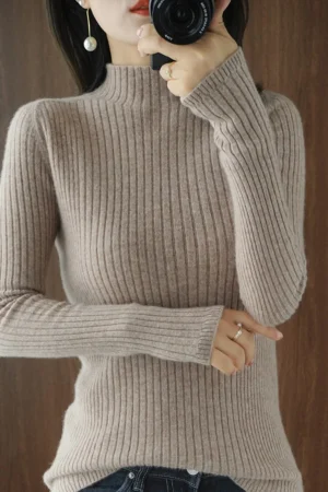 Women Sweater Autumn Winter Thick Warm Slim Fit Sweaters Solid Long Sleeve Fashion Korean Jumpers Half High Collar Knitwears