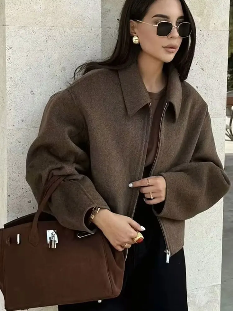 HH Fashion Brown Zipper Woolen Jacket For Women Elegant Lapel Long Sleeve Short Coats Vintage Autumn Lady Street Outerwear - Image 6
