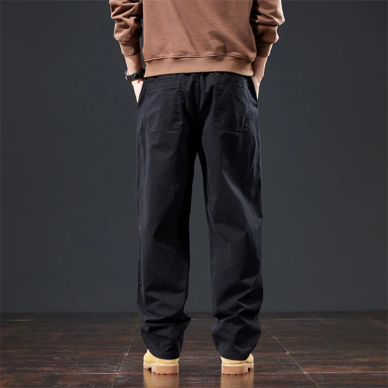 Brand Clothing Spring Autumn Grey Brown Casual Pants Men Cotton Fabric Thick Classic Elastic Waist Korean Straight Cargo Pants - Image 4