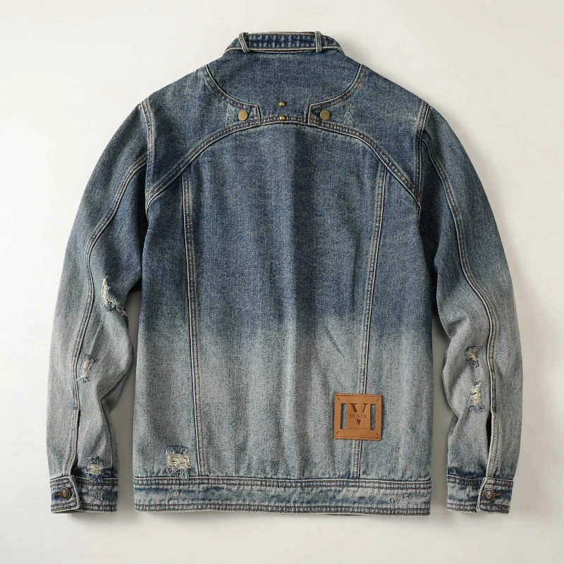 Men Stand Collar Loose Casual Gradient Splice Washed Denim Rivet Punk Rock Motorcycle Jacket Cityboy Plus Size Jeans Coat - Image 2