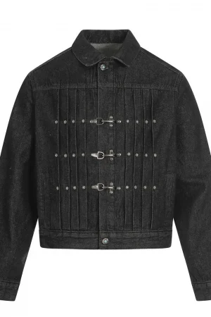 Mens Jacket Punk Vintage Streetwear Black Denim Short Coat Metal Buckle Studded Design Pleated Detail Retro Cool Hip Hop Fashion