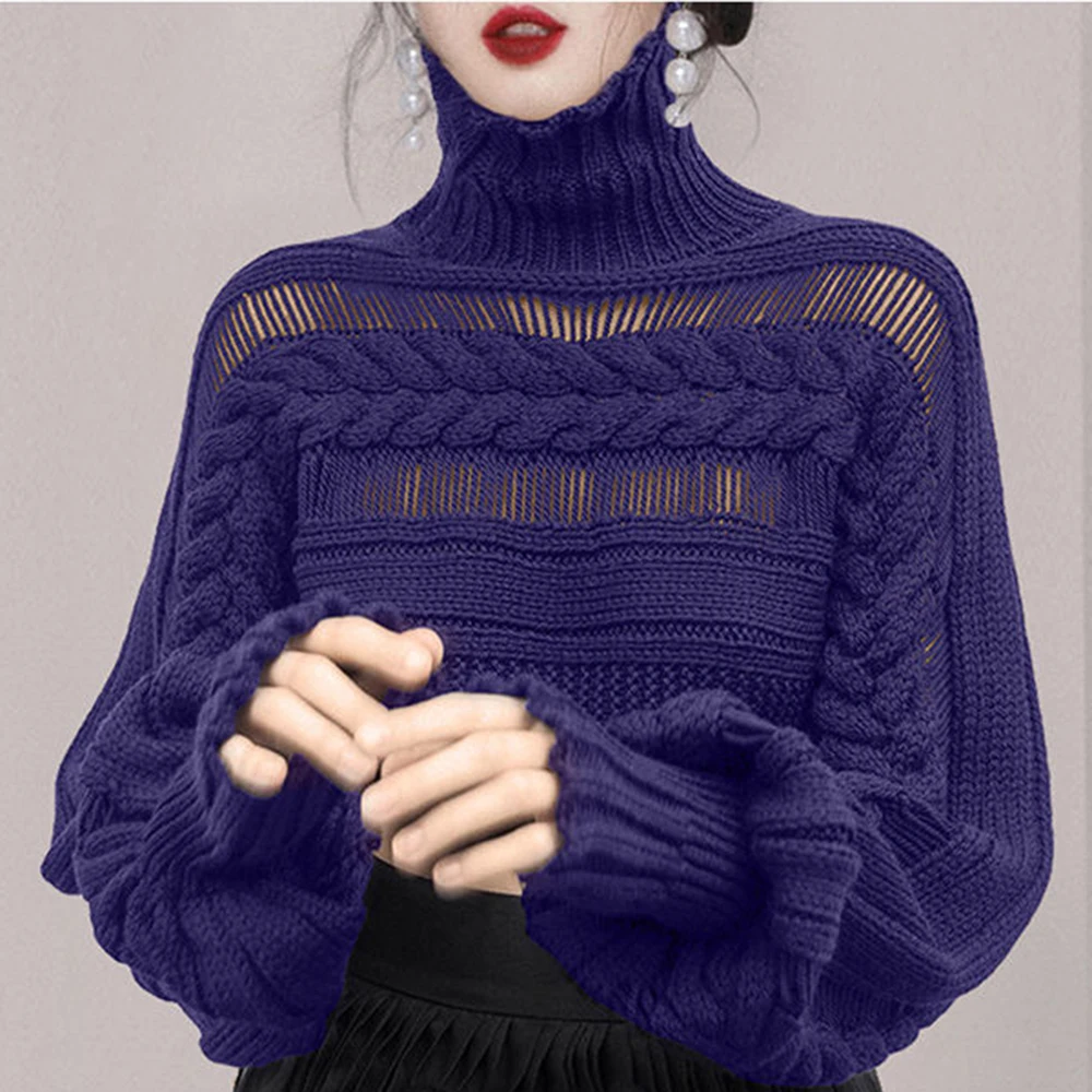 Turtleneck pullover women's autumn and winter 2025 new loose lazy wind outside wear hollow knitted bottoming shirt top - Image 2