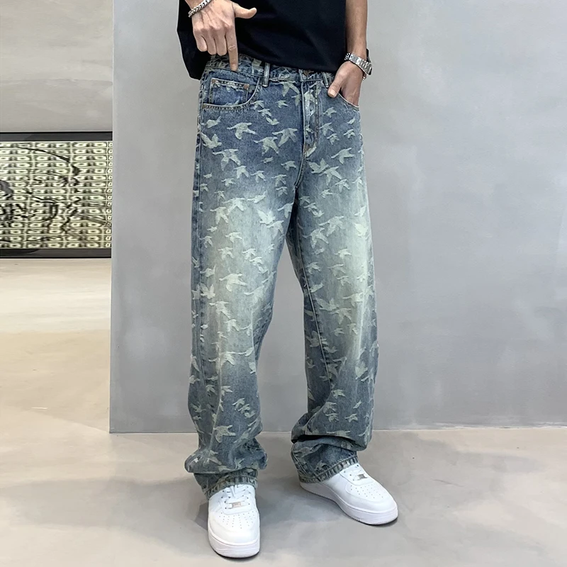 Korean Fashion Jacquard Baggy Jeans For Men Streetwear Loose Men Clothing Denim Skateboard Pants Harajuku Straight-Leg Trousers - Image 6