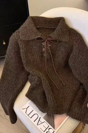 Lapel Lace Up Knitted Sweater for Women Autumn Loose Thick Warm Casual Pullovers Korean Long Sleeve All Match Jumpers Mujer