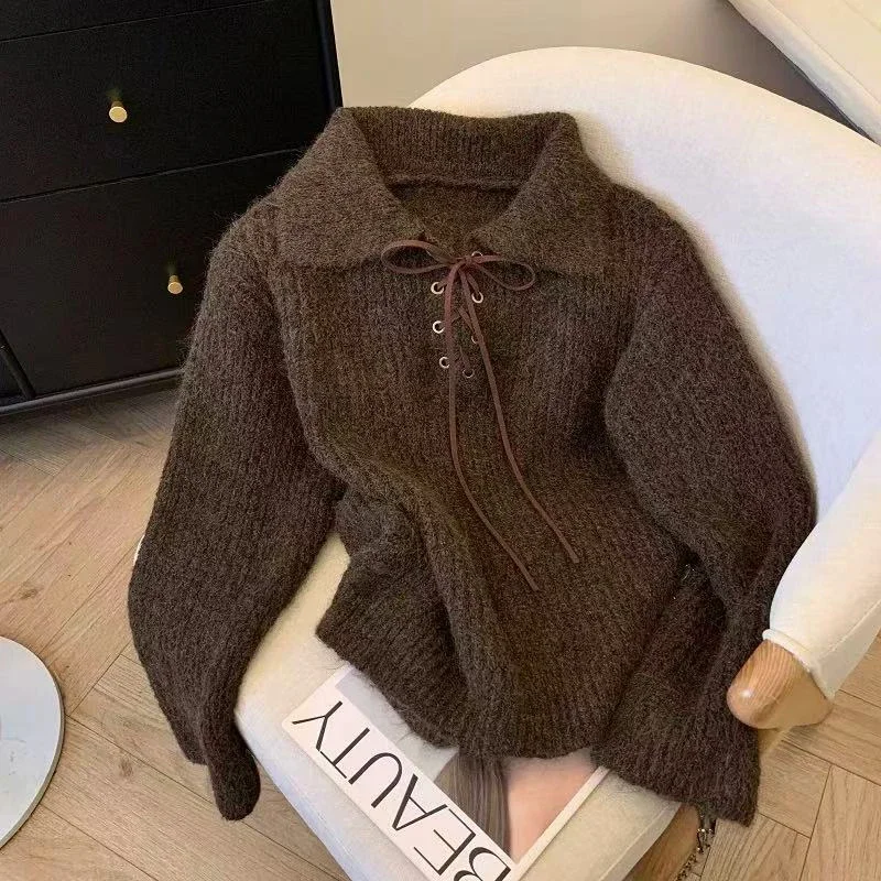 Lapel Lace Up Knitted Sweater for Women Autumn Loose Thick Warm Casual Pullovers Korean Long Sleeve All Match Jumpers Mujer