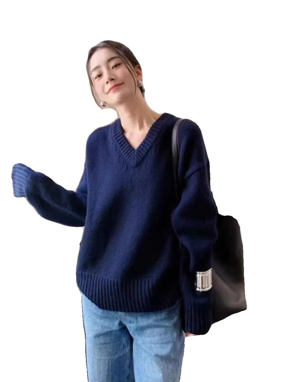 100% pure cashmere sweater women's loose thickened silhouette V-neck sweater large size pullover knitted base shirt - Image 5