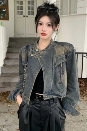 Y2k Vintage Harajuku Jeans Jackets Women's Short Tops Cowboy Coats Streetwear Long Sleeve Cardigan Denim Outerwear Denim Jacket