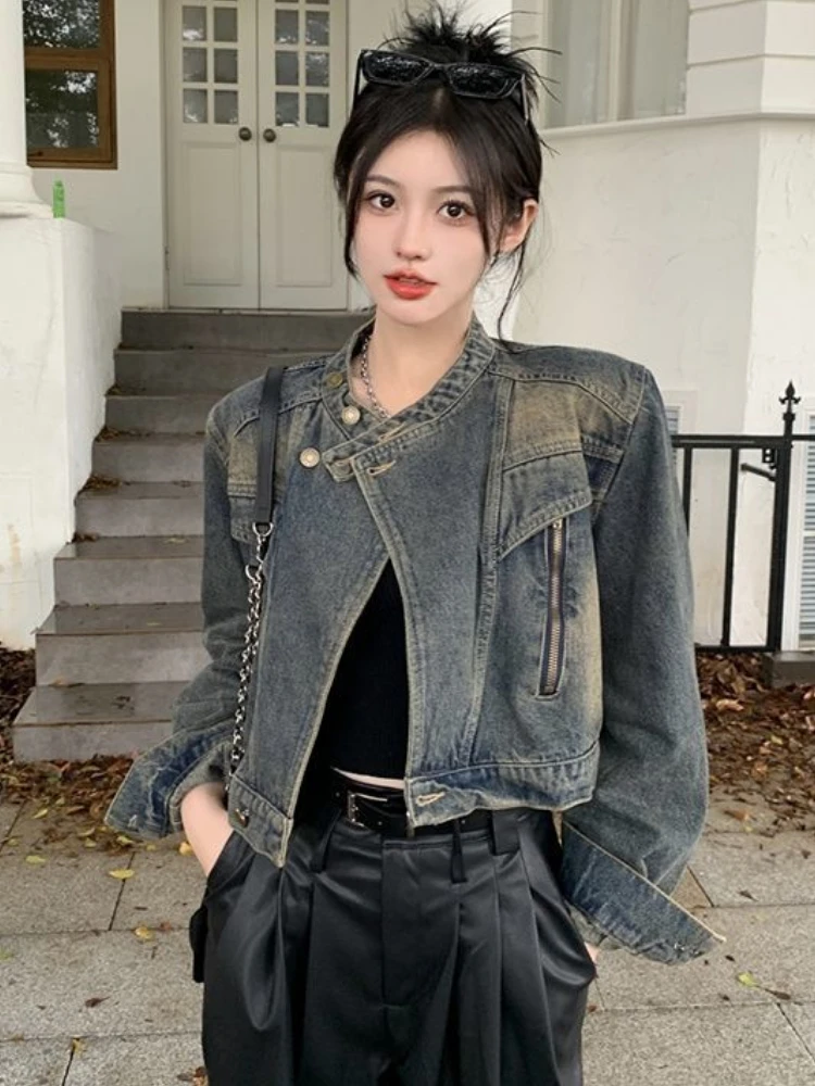 Y2k Vintage Harajuku Jeans Jackets Women's Short Tops Cowboy Coats Streetwear Long Sleeve Cardigan Denim Outerwear Denim Jacket