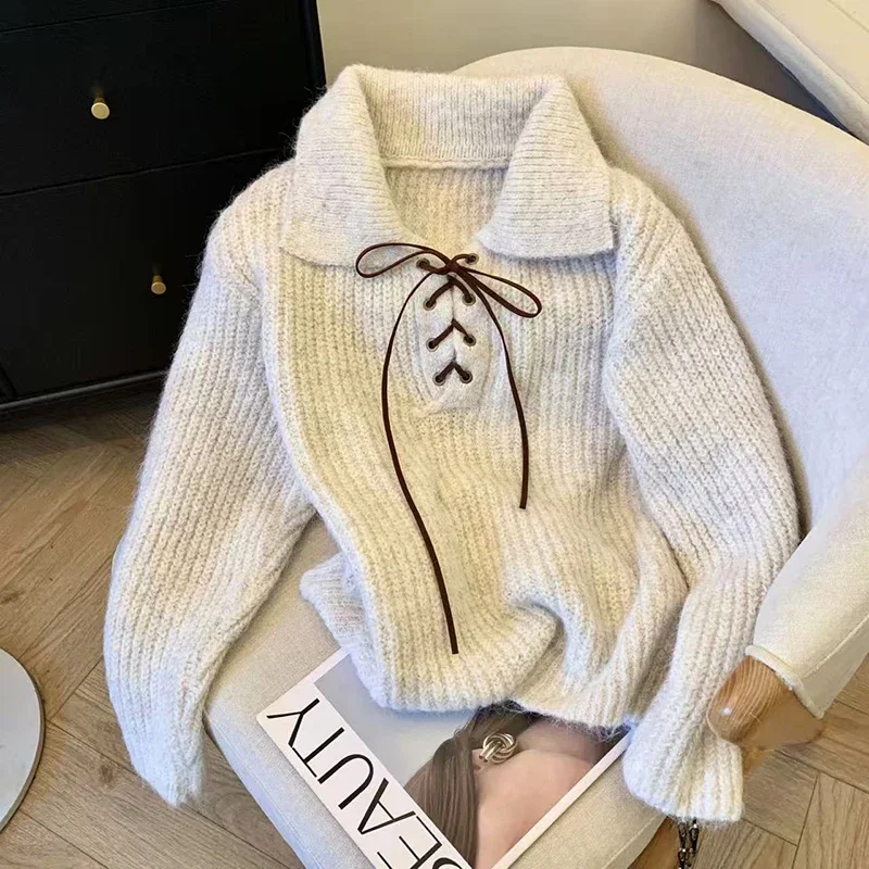 Lapel Lace Up Knitted Sweater for Women Autumn Loose Thick Warm Casual Pullovers Korean Long Sleeve All Match Jumpers Mujer - Image 3