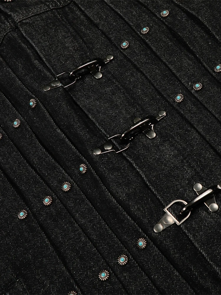 Mens Jacket Punk Vintage Streetwear Black Denim Short Coat Metal Buckle Studded Design Pleated Detail Retro Cool Hip Hop Fashion - Image 3