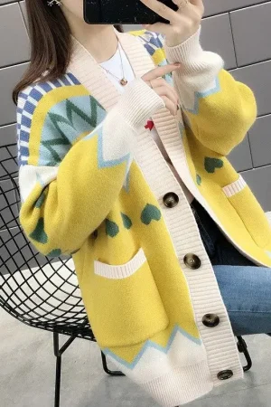 Spring Autumn Fashion V-neck Long Sleeve Color Blocking Embroidered Sweaters Women's Clothing Sweet Loose Cardigan Button Tops