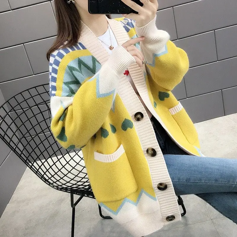 Spring Autumn Fashion V-neck Long Sleeve Color Blocking Embroidered Sweaters Women's Clothing Sweet Loose Cardigan Button Tops