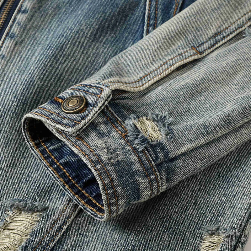 Men Stand Collar Loose Casual Gradient Splice Washed Denim Rivet Punk Rock Motorcycle Jacket Cityboy Plus Size Jeans Coat - Image 5