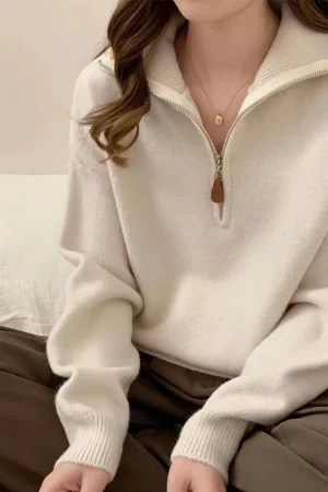 Korean Half Zip-Up Sweater Women Retro Loose Sporty Knitted Pullover ladies Autumn Winter thicken warm Long Sleeve knit Jumpers