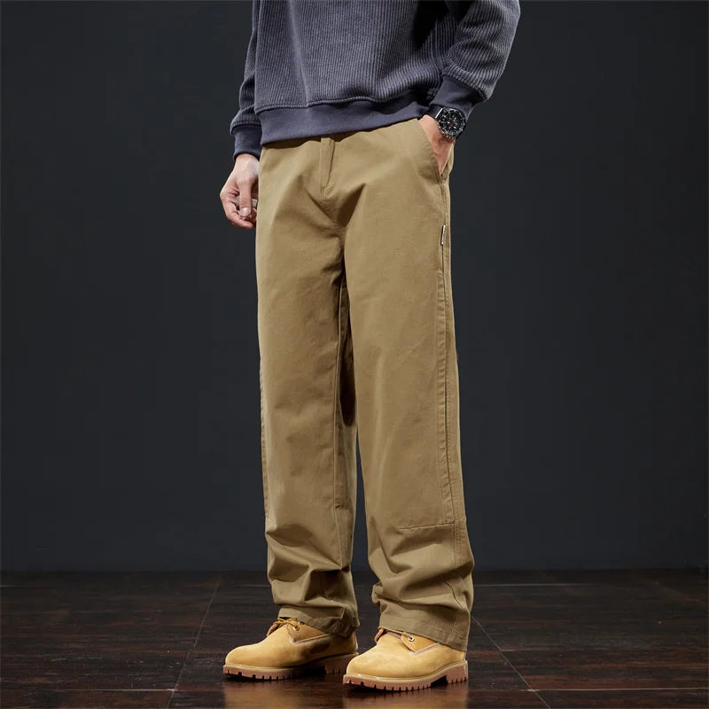 Brand Clothing Spring Autumn Grey Brown Casual Pants Men Cotton Fabric Thick Classic Elastic Waist Korean Straight Cargo Pants