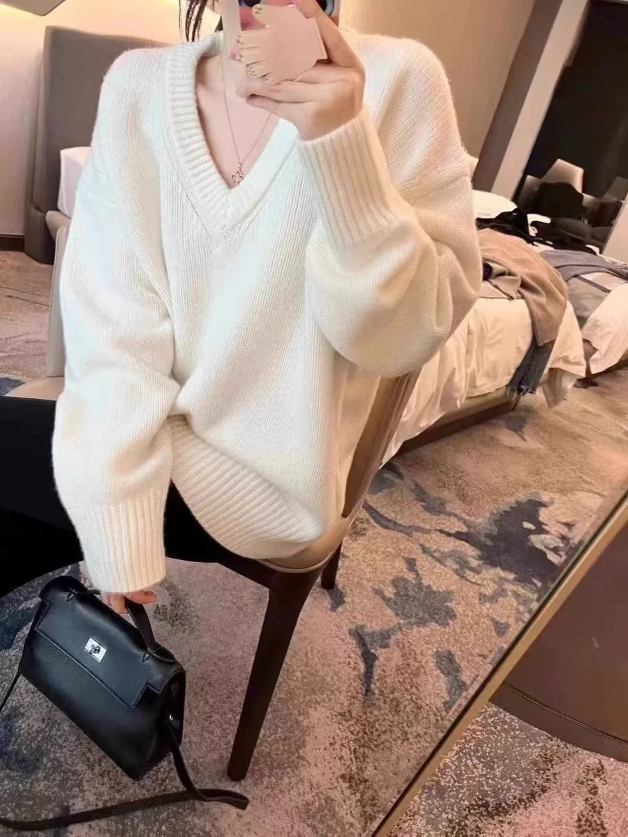 100% pure cashmere sweater women's loose thickened silhouette V-neck sweater large size pullover knitted base shirt - Image 2