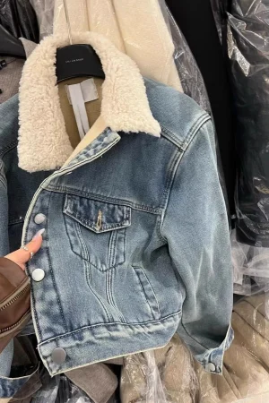Denim Coat With Real Sheep Lamp Winter Fur Plush Womens Fall Sculpted Tailoring Minimalist Streetwear Trend Quick-Drying Jackets