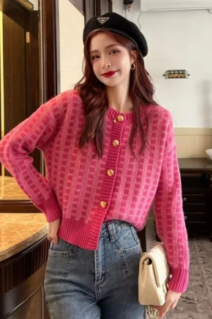 Y2k Pink Women Cardigan Korean Sweet Plaid Long Sleeve Female Sweaters Harajuku New O Neck Preppy Style Ladies Tops