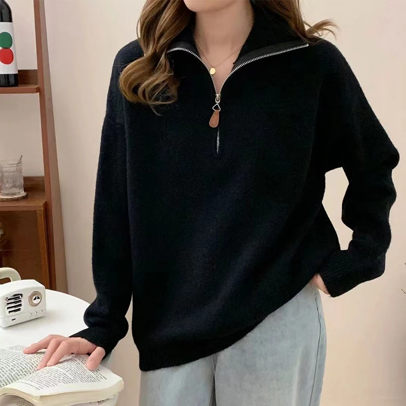 Korean Half Zip-Up Sweater Women Retro Loose Sporty Knitted Pullover ladies Autumn Winter thicken warm Long Sleeve knit Jumpers - Image 3